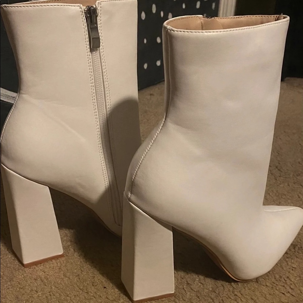 white heeled booties